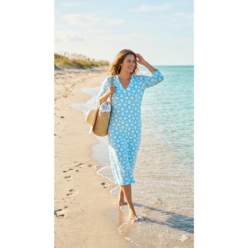 NATORI Soho Geo Challis Caftan size M Coastal Turquoise Blue mumu Shapeless
